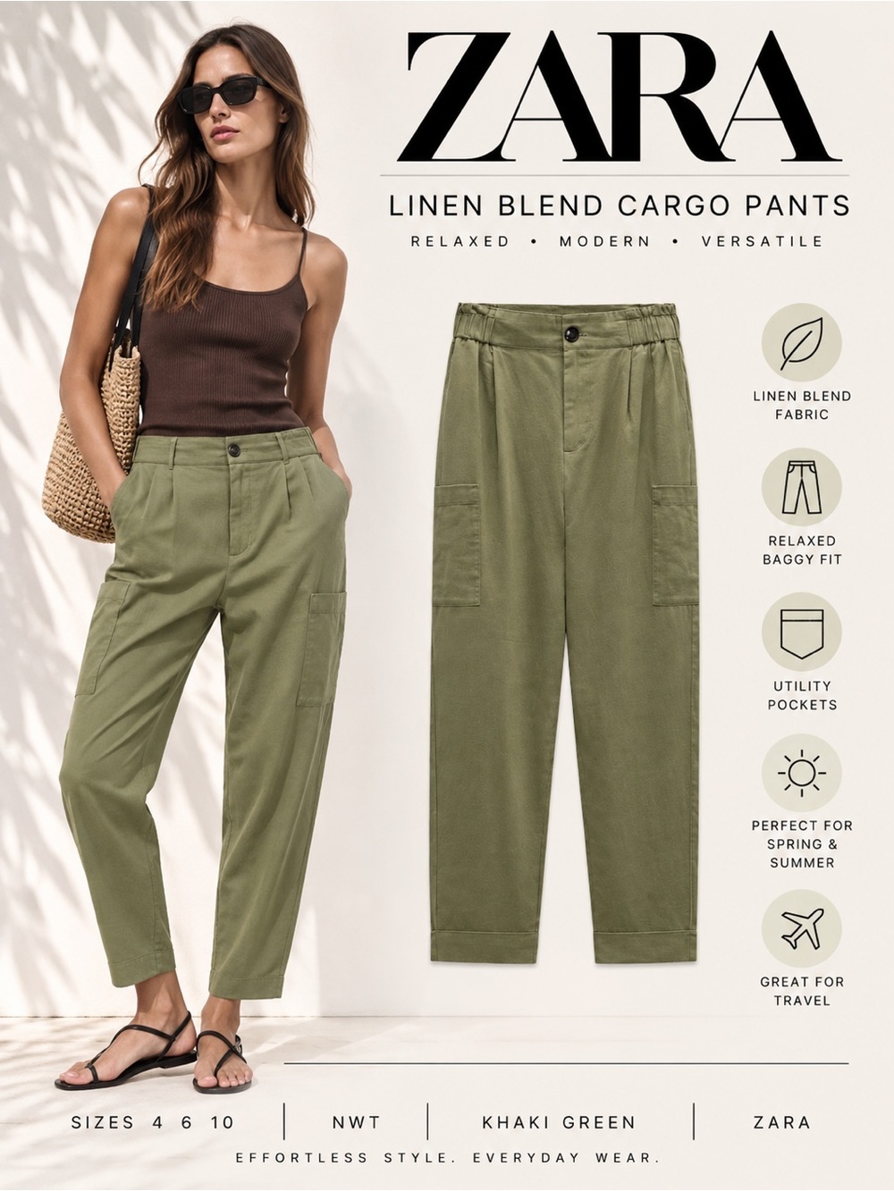 ZARA Khaki Green Linen Blend Cargo Pants NWT Sizes 4 6